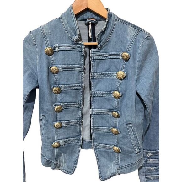Free People Fitted Military Nautical Embellished Sleeves Jacket XS Denim - Picture 6 of 11